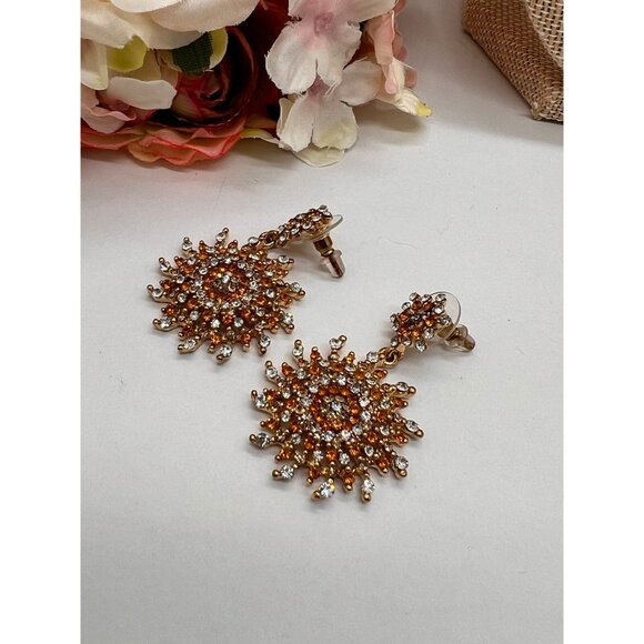 Pierced Earrings 2" Long Fiery Sun Burst and Gold Plated Stunning Earrings - Picture 8 of 10